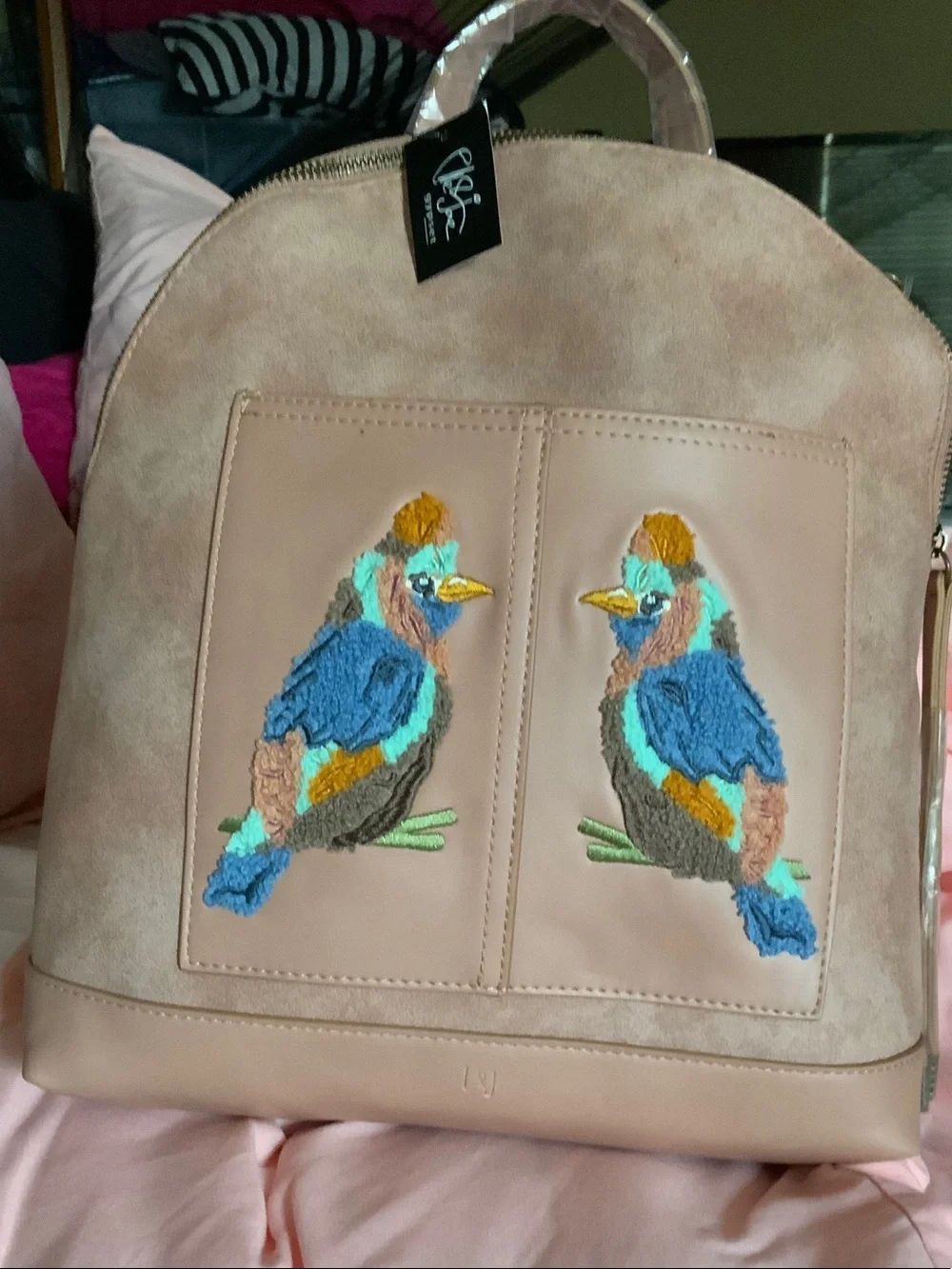 Beige Bird-Embroidered Backpack